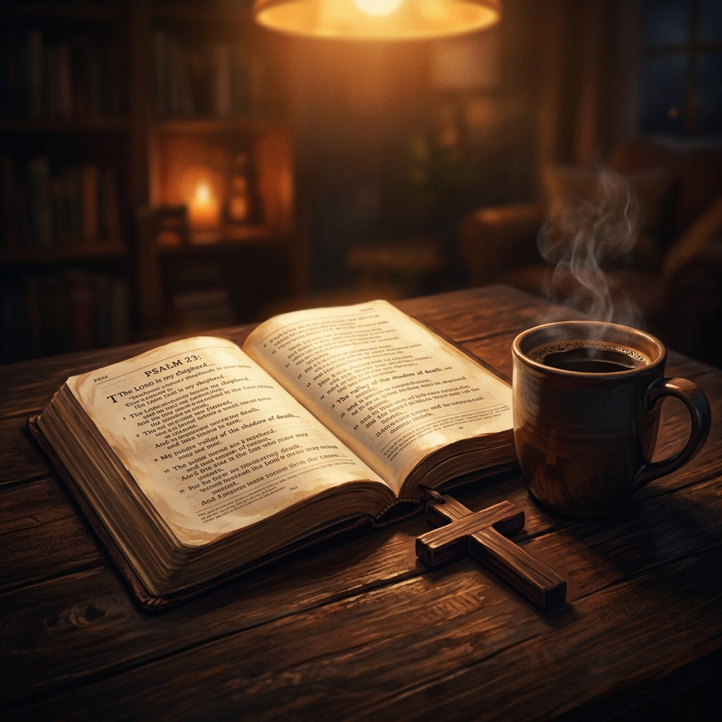 Bíblia e café, representando artigos cristãos